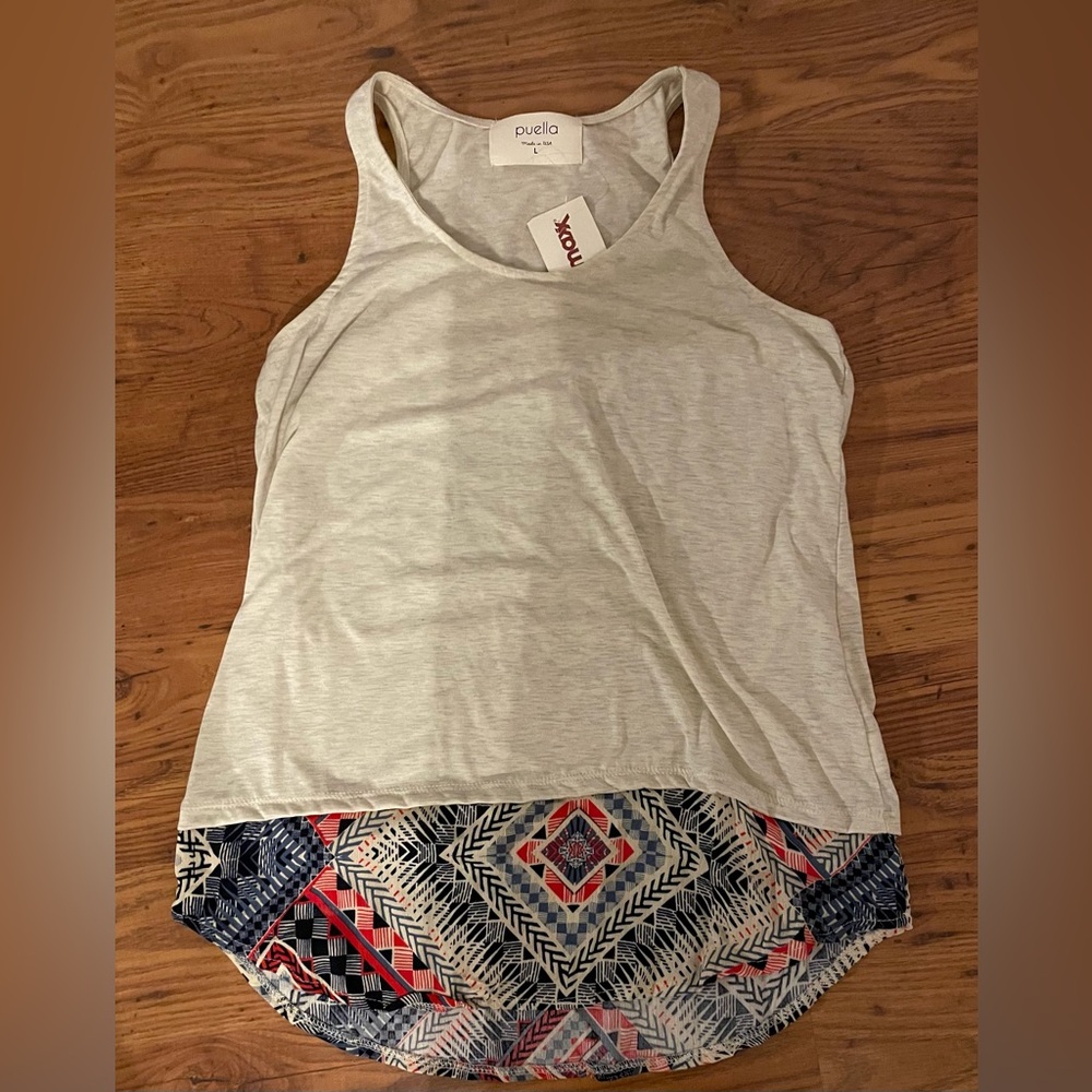 Puella White Tank Top with Geometric Printed Hem New with Tag